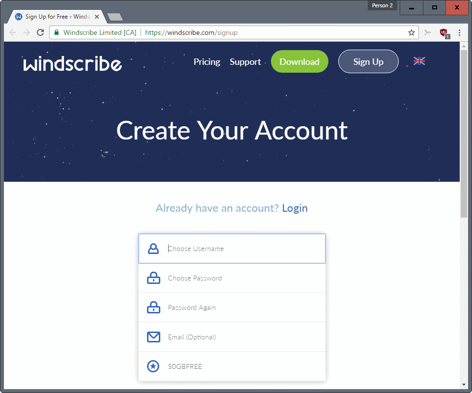 sign up windscribe