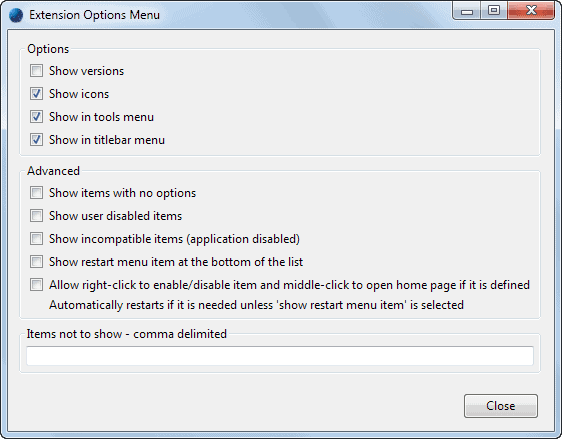 extension options menu