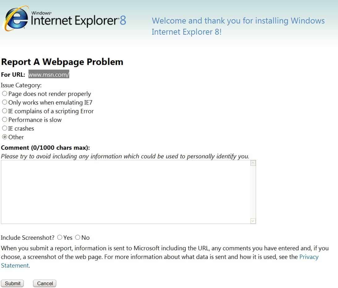 Internet Explorer Add-on: Report a Webpage Problem