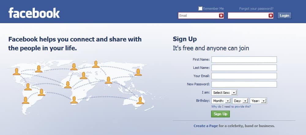 Facebook login page