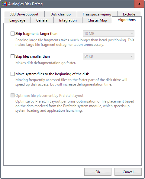 disk defrag settings