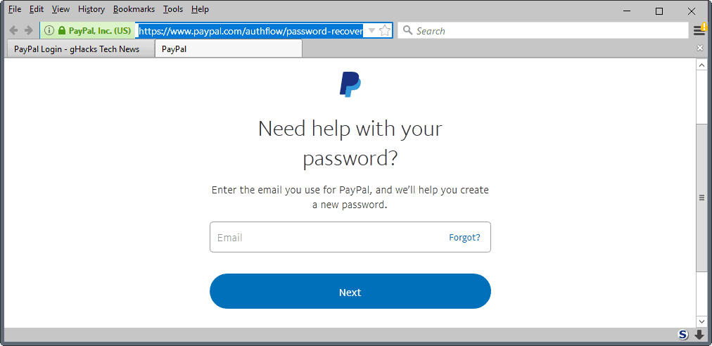 paypal lost password email