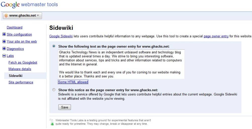 Google Sidewiki Page Owner Entries