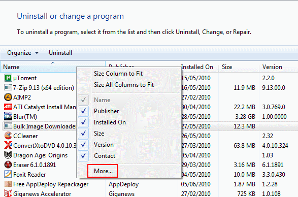 uninstall program options