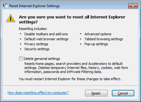 сбросить настройки Internet Explorer