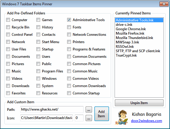 windows 7 taskbar items pinner