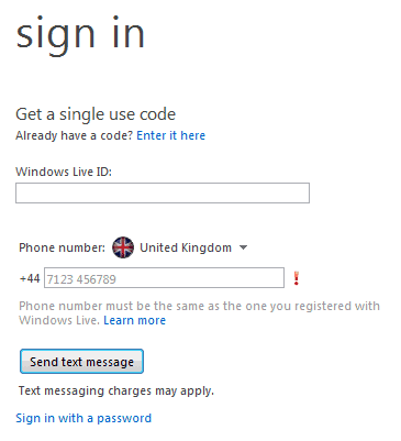 hotmail sign in single use code