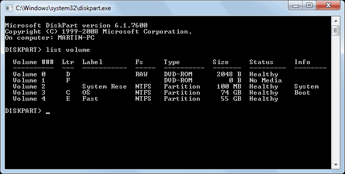 diskpart display hard drives