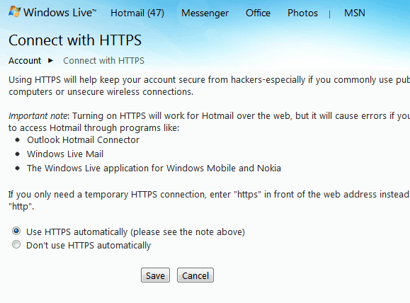 use https automatically hotmail