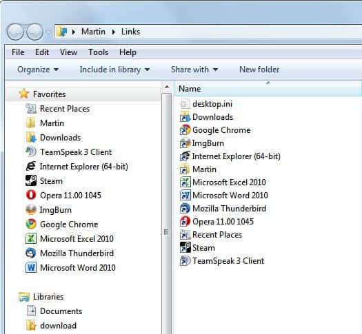 windows explorer favorites