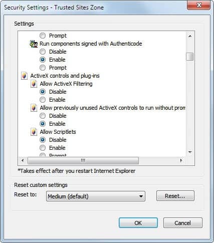 disable activex filtering