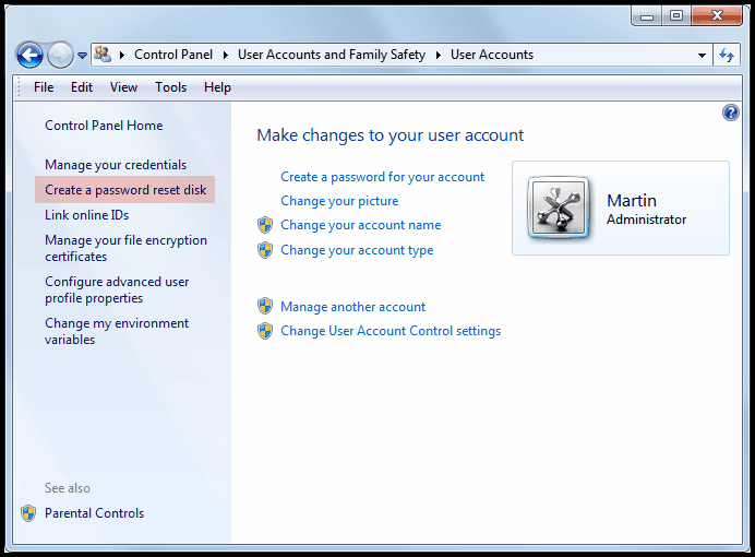 create a password reset disk