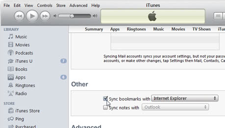 itunes sync bookmarks
