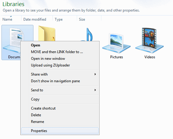 windows libraries save location