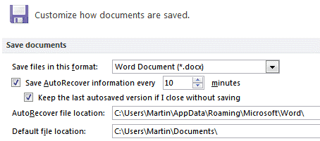 word default file save location