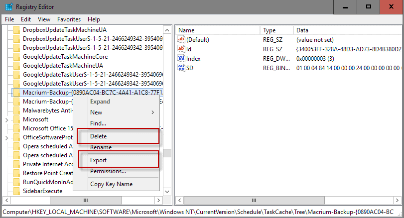 export delete task