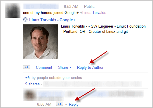 google+ reply to author