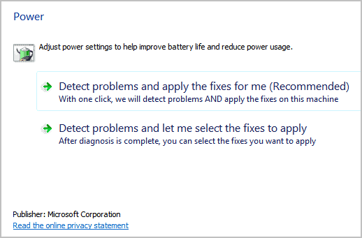 microsoft fix it power settings
