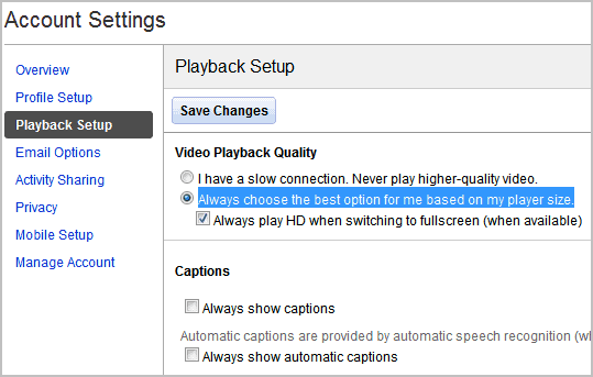 youtube account playback setup