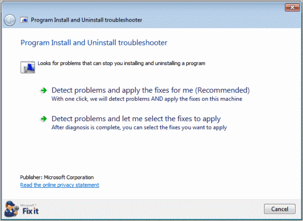 program install uninstall troubleshooter