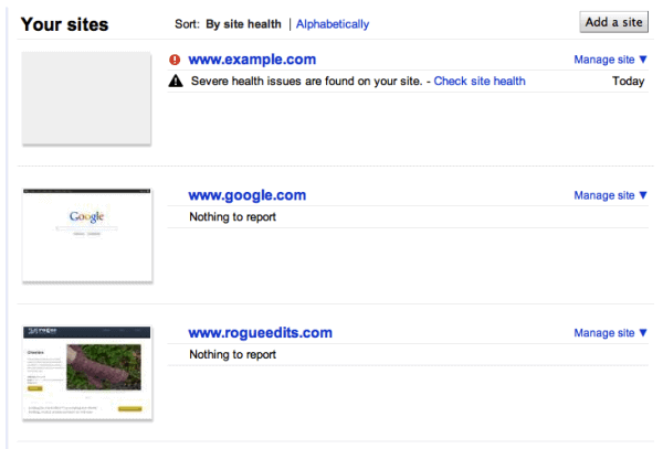 google webmaster tools site health