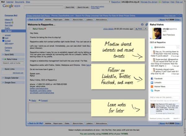 Rapportive, Richer Contact Profiles For Gmail