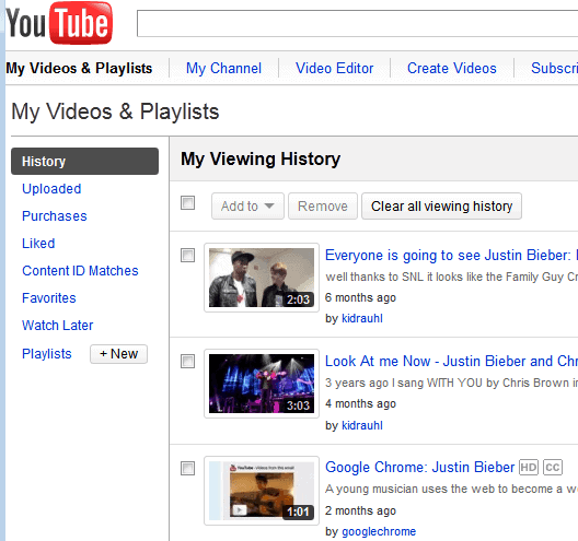 youtube viewing history