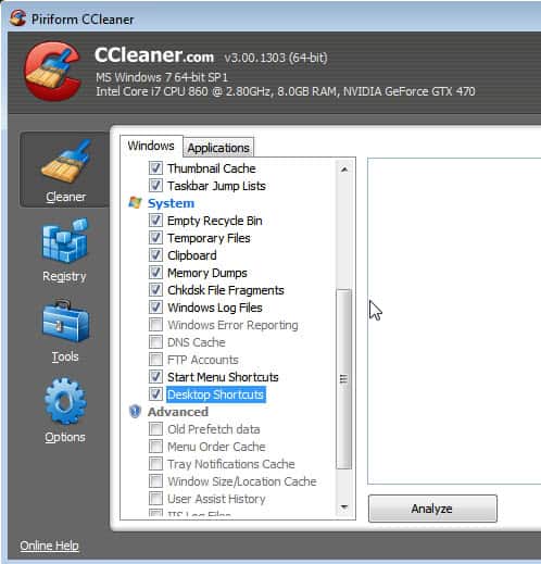 ccleaner shortcuts