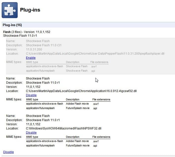 google chrome flash plugins