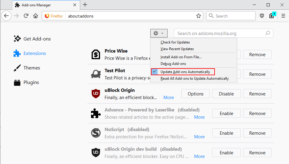 firefox block automatic extension updates