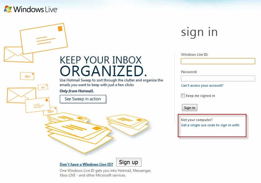 hotmail sign in single use code