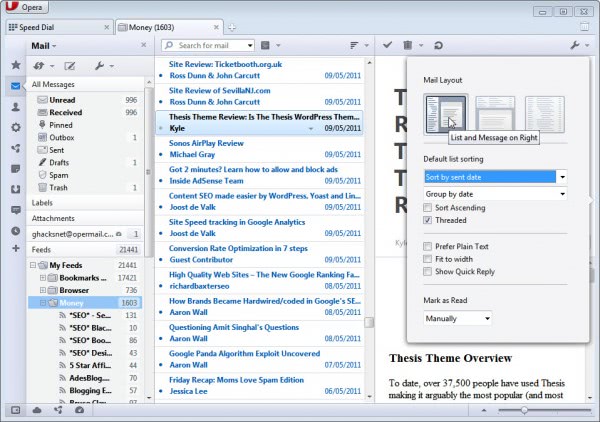 opera 1160 mail changes