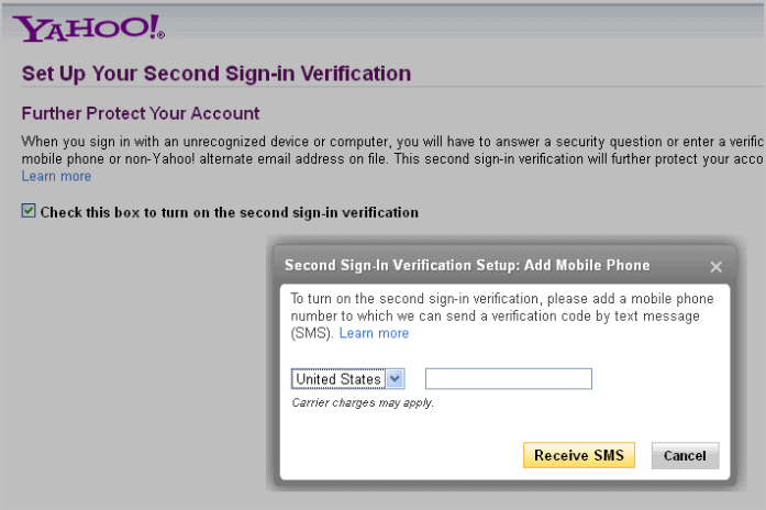 yahoo second sign-in verification