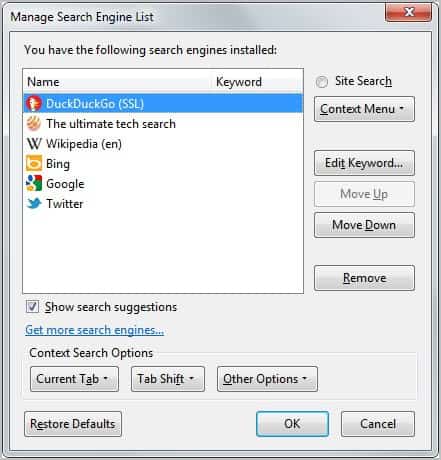 manage search engine list