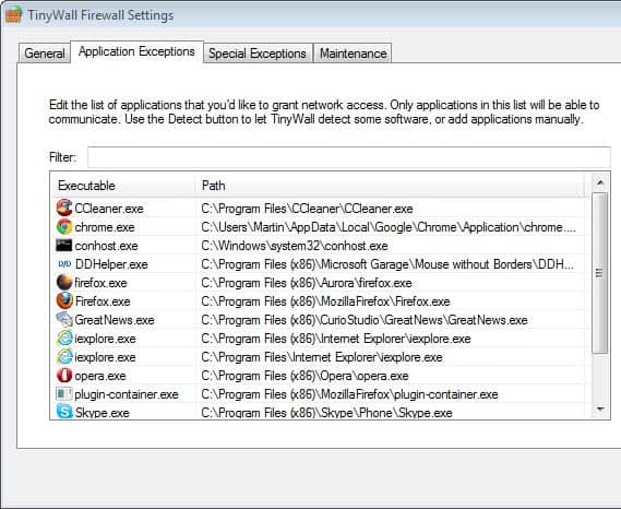 tinywall firewall app exceptions