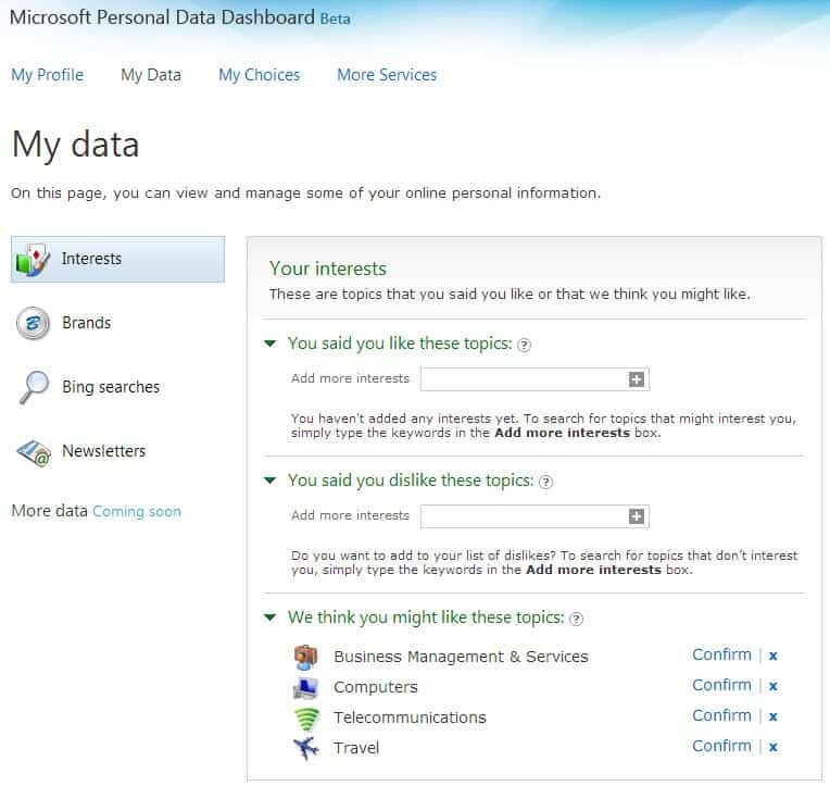 microsoft personal data dashboard