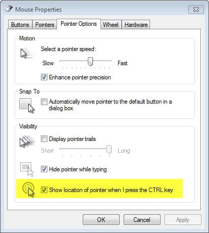 show location of pointer when i press the ctrl key