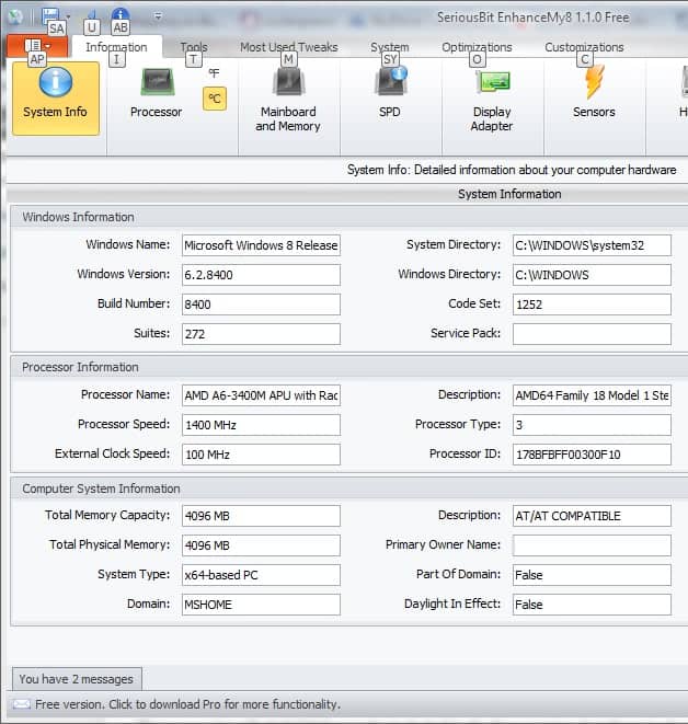 enhancemy8 system info