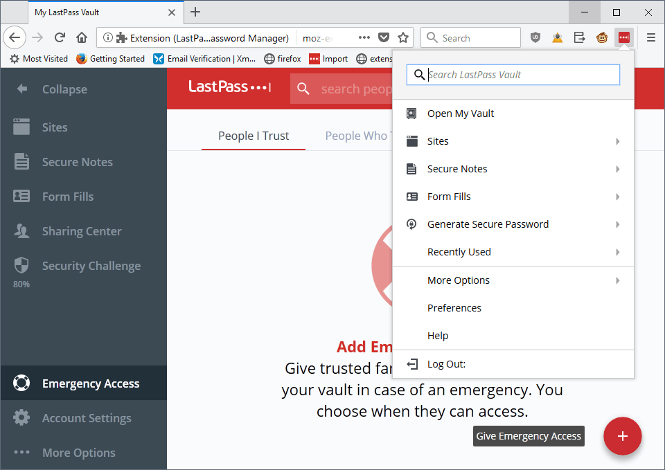 lastpass password manager menu vault