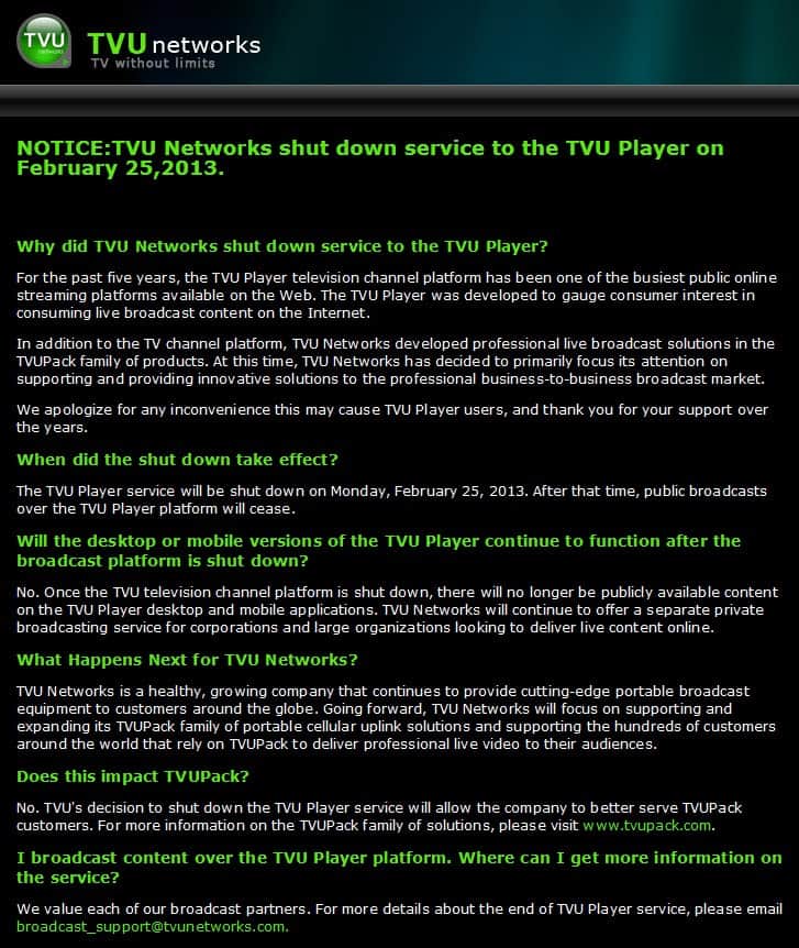 tvu player shutdown