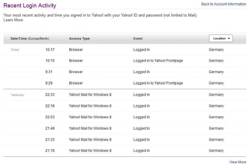 yahoo recent account security list