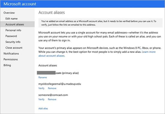 microsoft account aliases