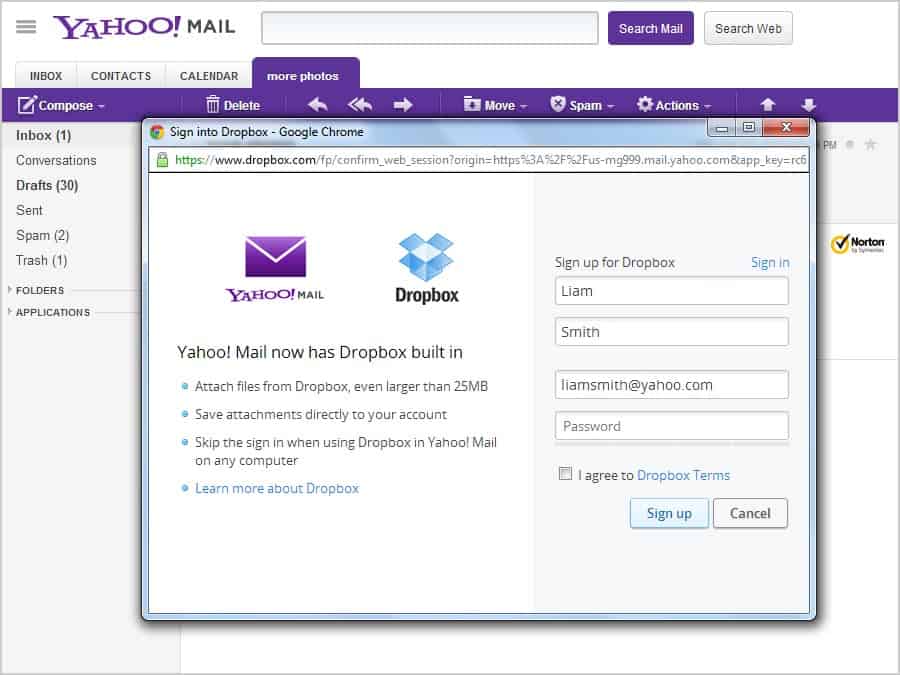 yahoo mail dropbox