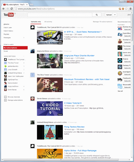 youtube default subscriptions page layout