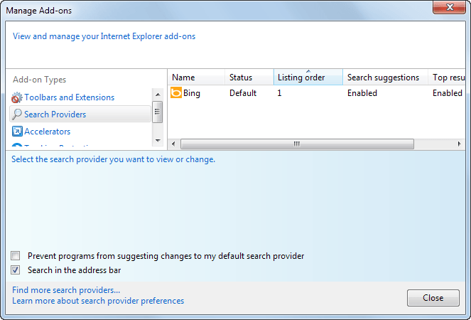 internet explorer search providers