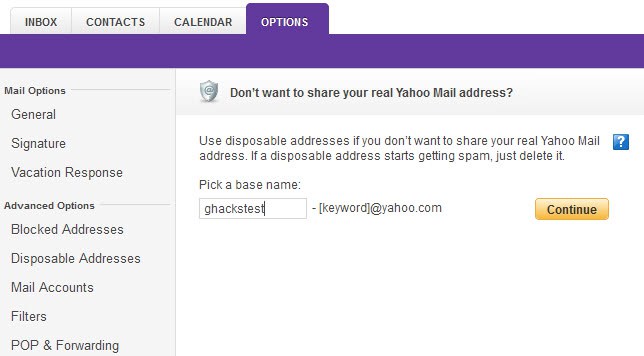 yahoo mail disposable address