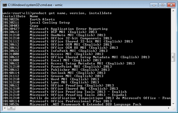 Win list. Wmic. Wmic product get name,Version. Wmic.exe. Cmd show Date.