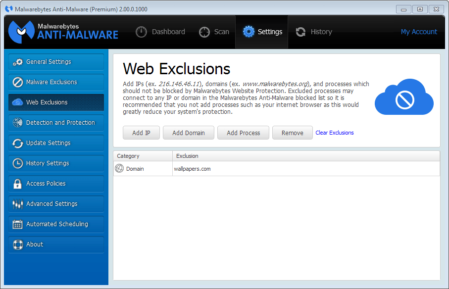 Malwarebytes веб-исключения