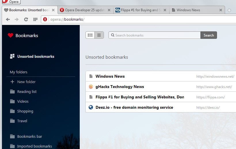 Bookmarks Manager enabled in Opera 25