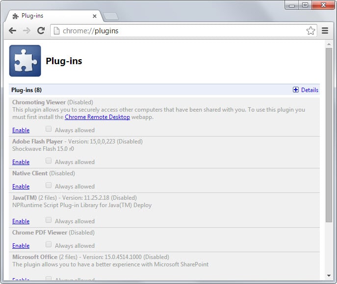 google chrome plugins enable